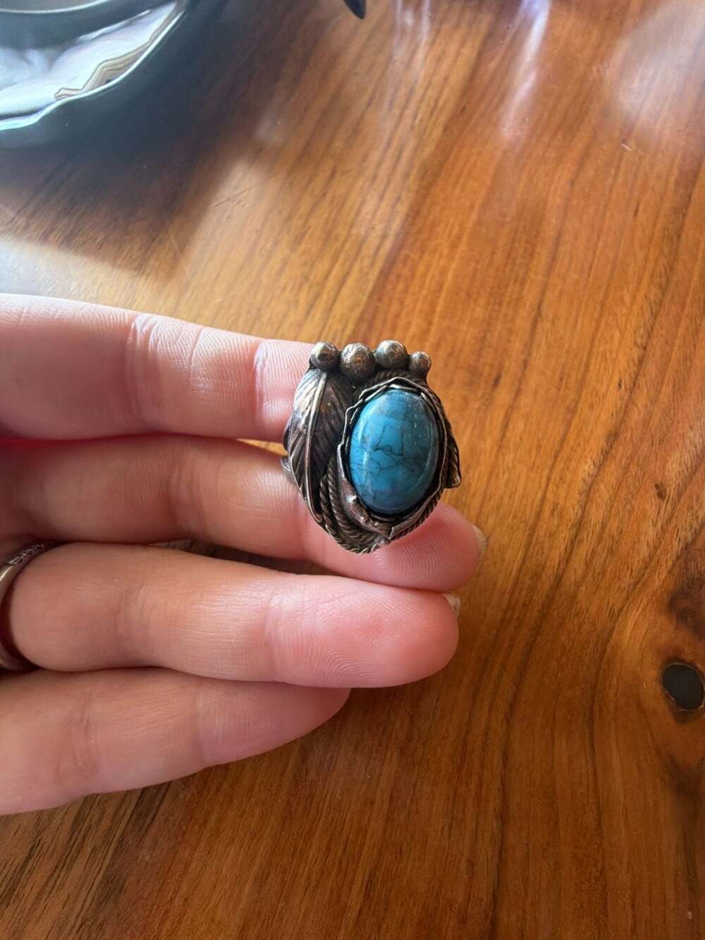Vintage Native American Sterling Silver Bisbee Turquoise Leaf & Bead Ring